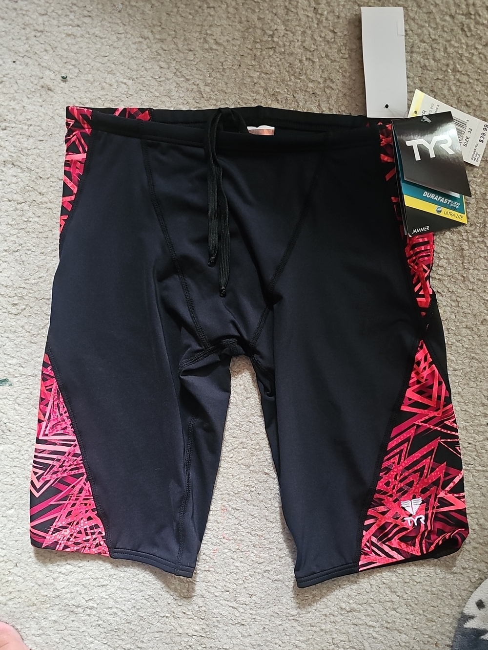 TYR Black Jammer Swim Shorts with Pink Geometric Panels